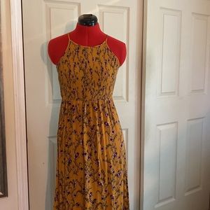 Pink rose floral midi dress with smocked bodice